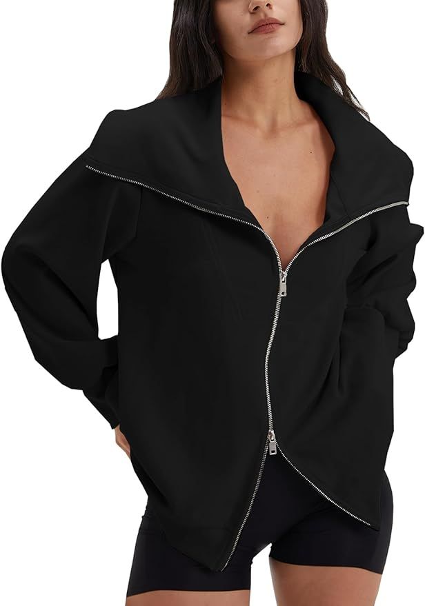 DEEP SELF Women's Full Zip Up Oversized Sweatshirts Long Sleeve Collared Casual Jacket 2023 Fall ... | Amazon (US)