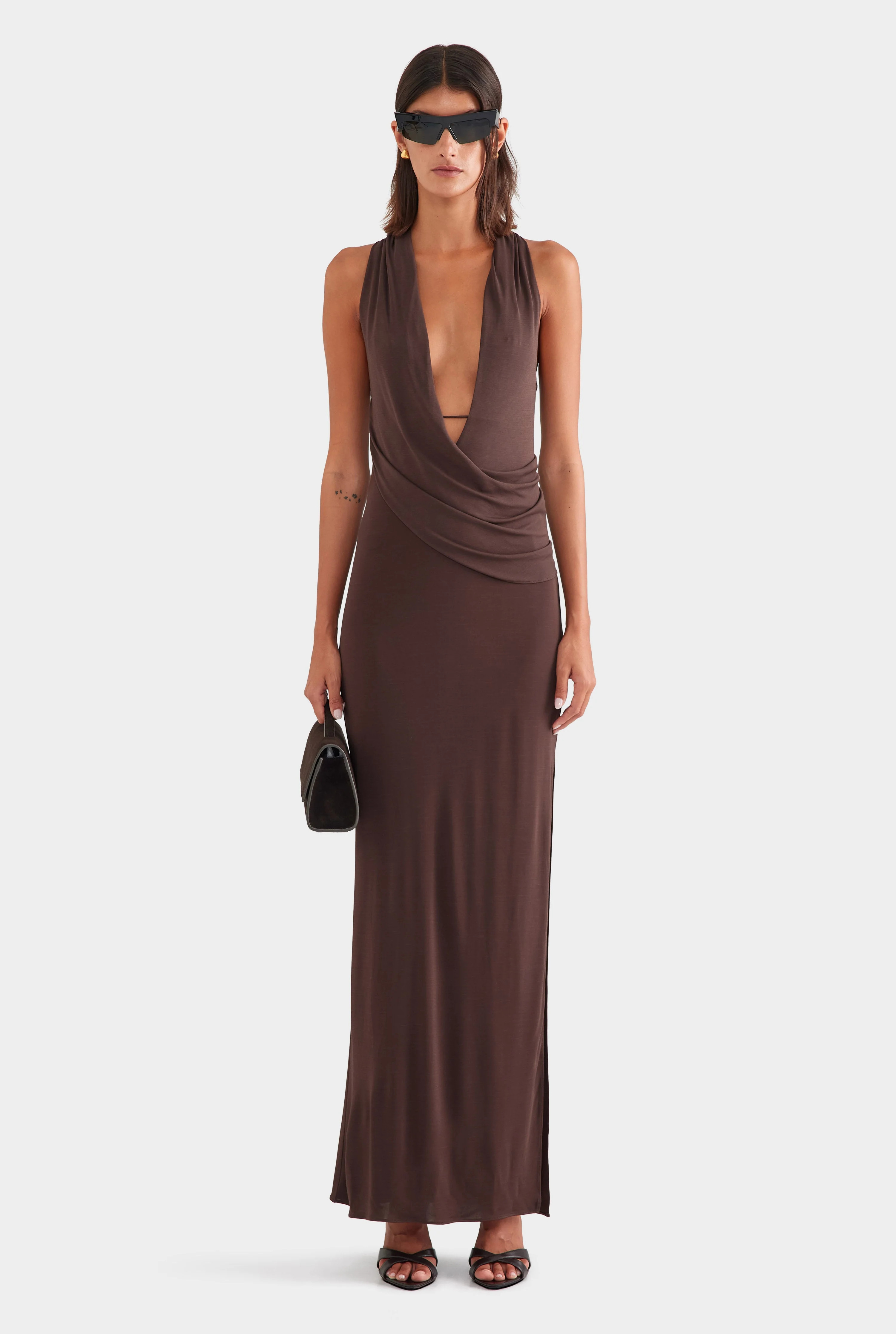 Side Cowl Maxi Dress Chocolate | Venroy | Venroy AU