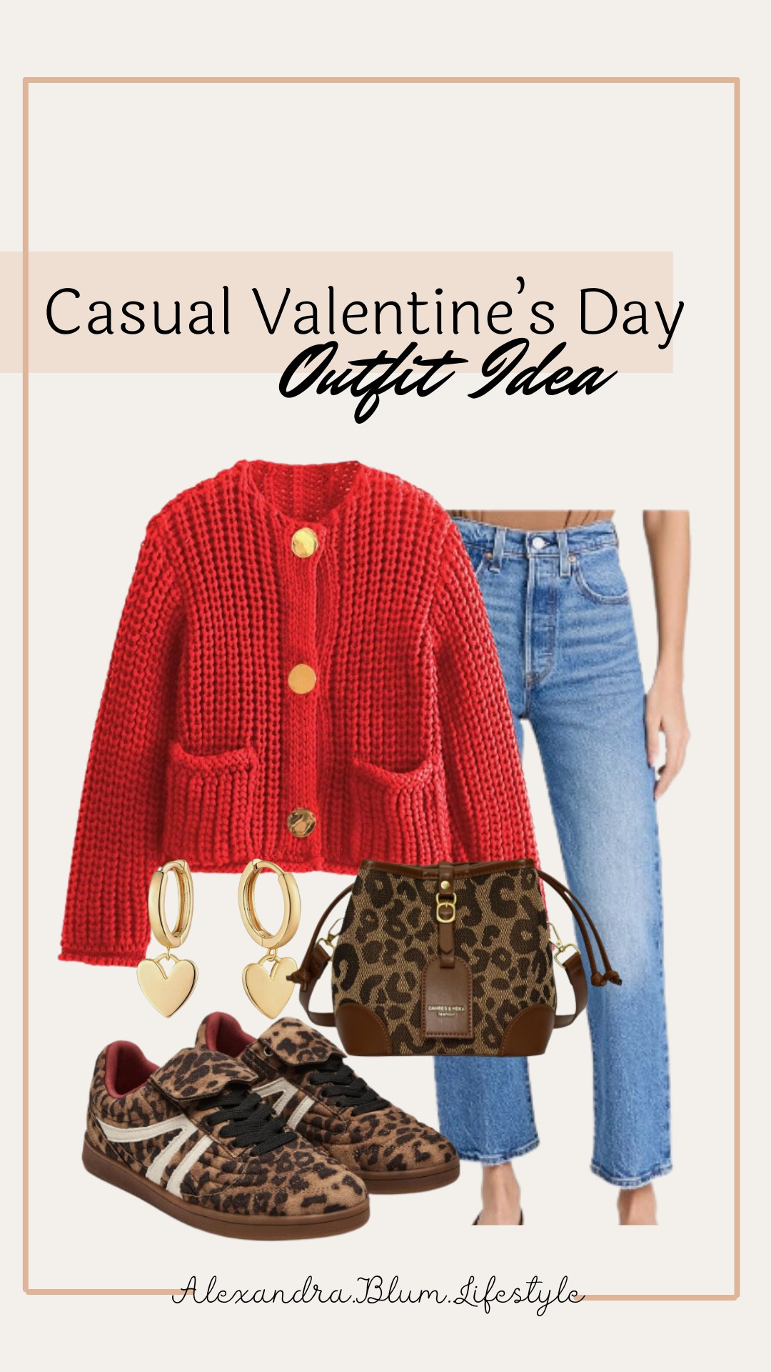 Casual valentines day outfit idea from Amazon! Valentine’s Day outfit! Date night idea! Red cardigan sweater, straight leg jeans, cheetah sneakers, cheetah bucket handbag purse, and gold heart earrings! Amazon fashion!

#LTKShoeCrush #LTKFindsUnder50 #LTKItBag