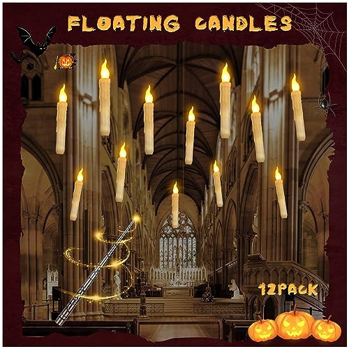 Floating Candles with Wand Remote, Magic Floating Halloween Candles, Flameless LED Flickering Witch Decor Hanging Candles for Halloween Christmas Birthday Party Room Ceiling Decorations, Pack of 12 | Amazon (US)