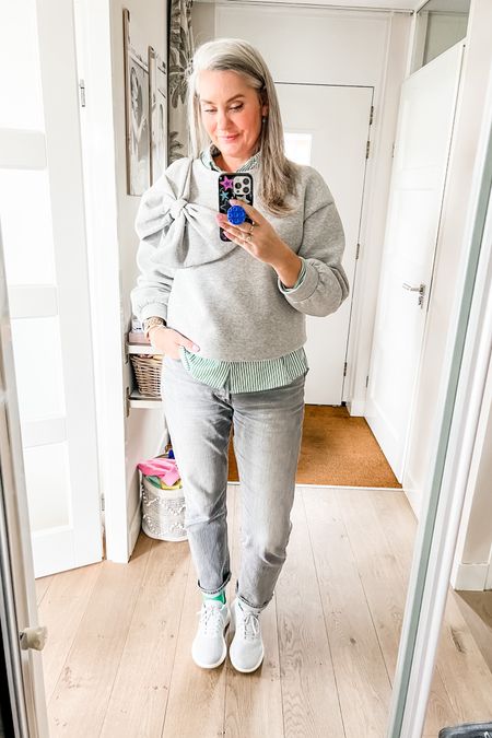 Ootd - Friday. Grey bow sweater over a green striped shirt paired with grey Levi’s 501 jeans, green socks and grey Vivaia slip on sneakers. 



#LTKeurope #LTKstyletip #LTKover40