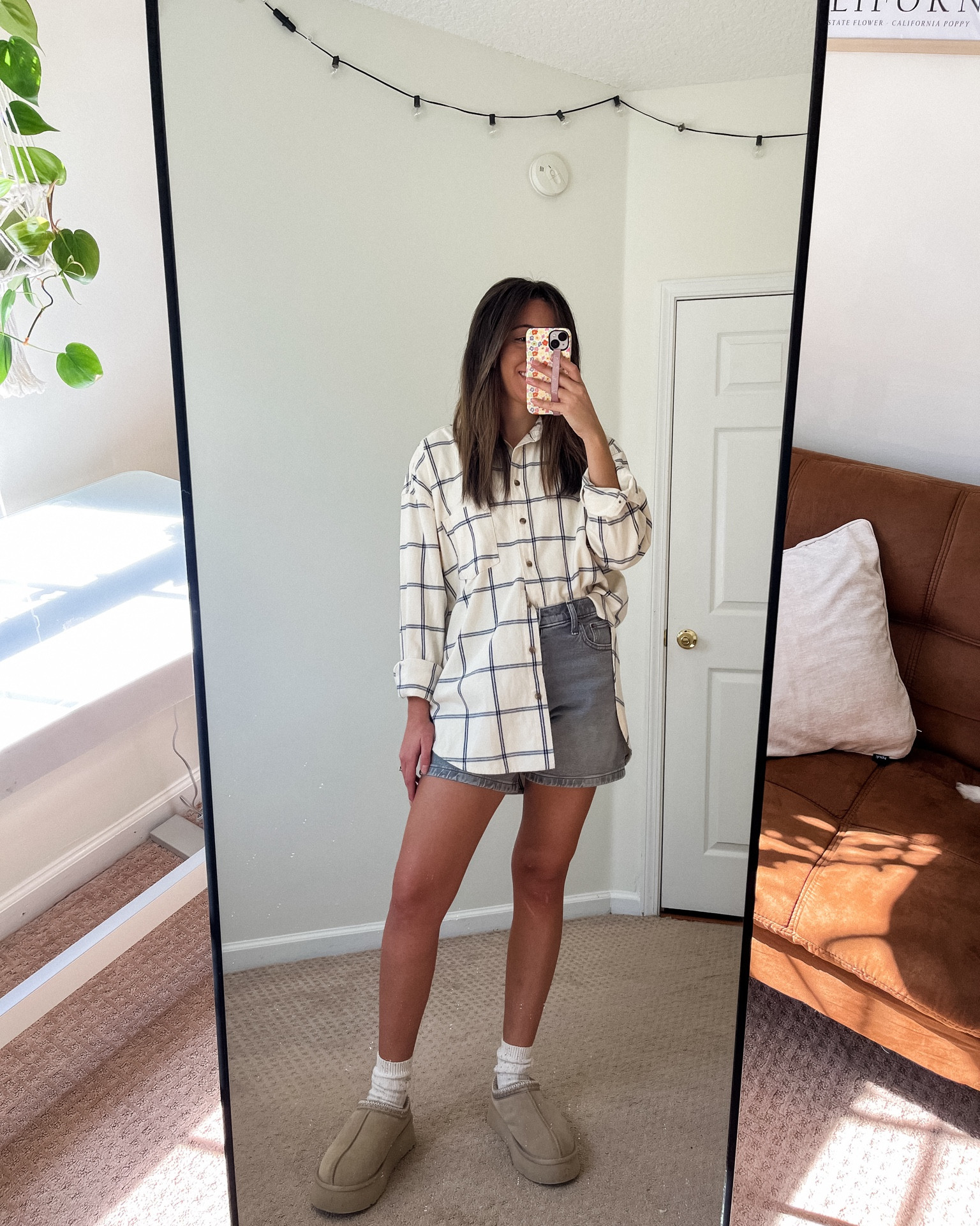 Fall Outfit Idea Inspo, Pumpkin Patch Outfit Idea, Fall Aesthetic, Plaid Flannel, Abercrombie Denim
Shorts, Ugg Tazz Platform Slippers Mustard Seed

#LTKstyletip