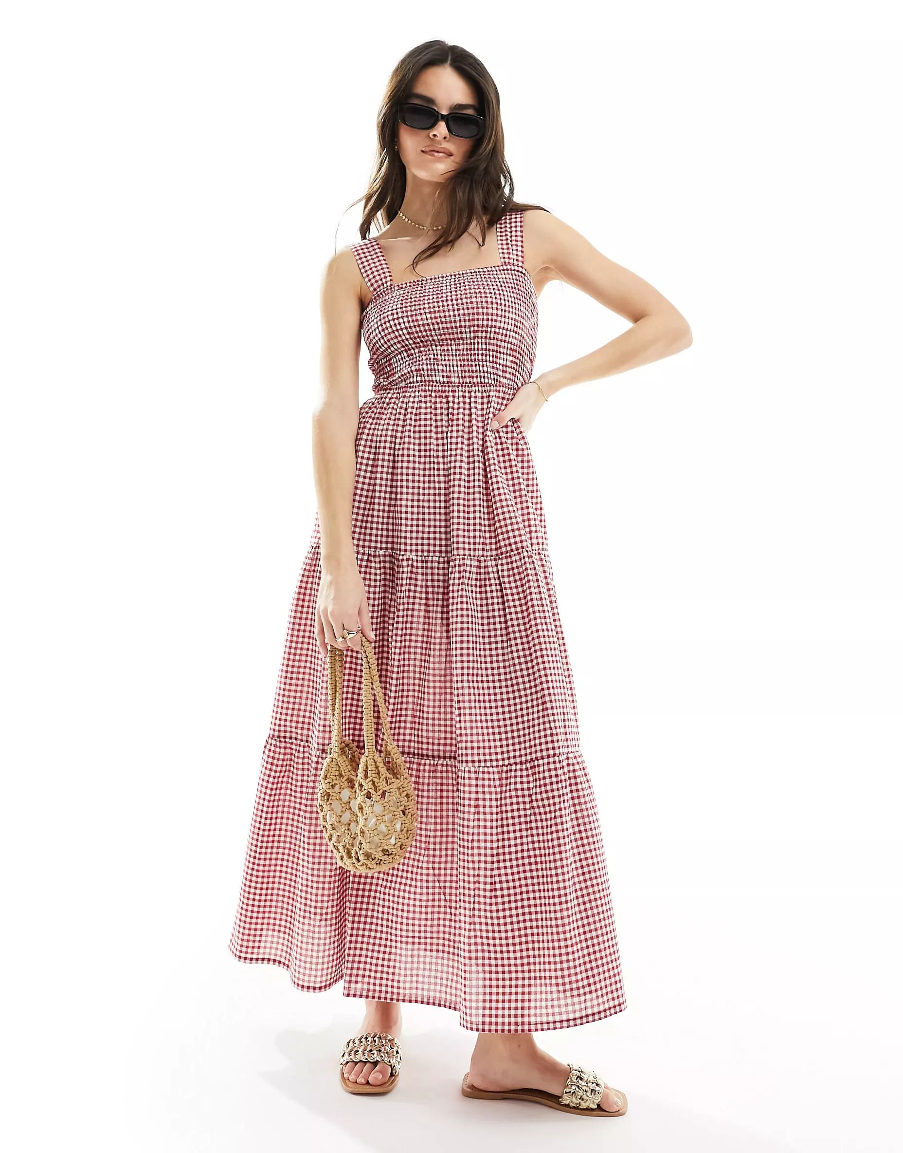 Esmee shirred waist maxi beach summer dress in red and white gingham | ASOS (Global)
