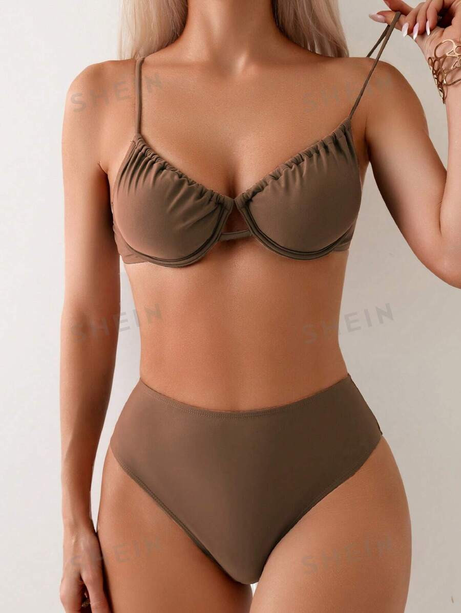 SHEIN Swim Summer Beach Women's Solid Color Ruched Two-Piece Swimsuit Set With Steel Ring Support | SHEIN