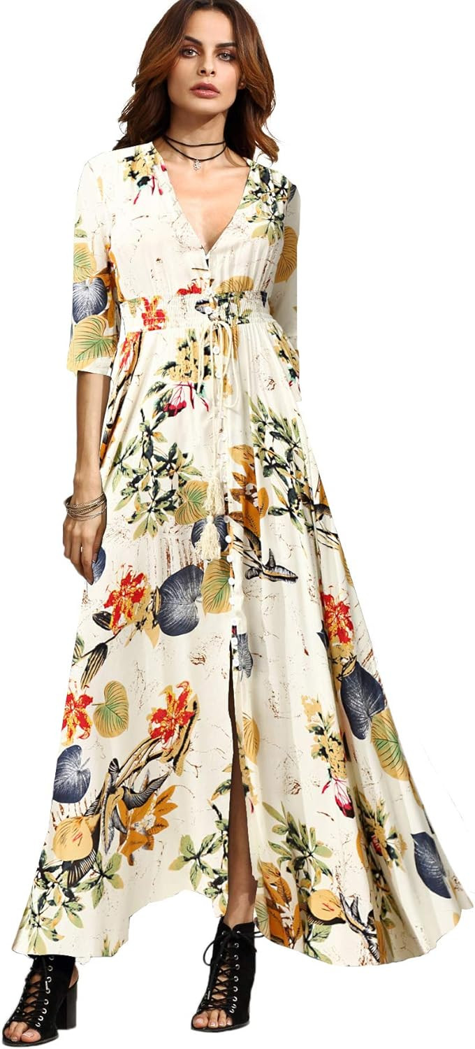Milumia Women's Button Up Split Floral Print Flowy Party Maxi Dress | Amazon (US)