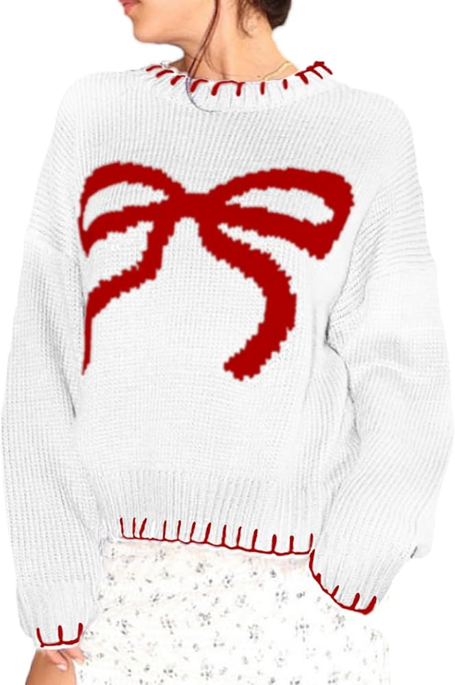 Women Cute Bow Sweater Y2k Long Sleeve Crew Neck Knit Sweaters Aesthetic Pullover Top | Amazon (US)