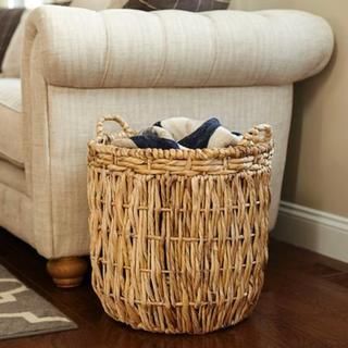 Tan Wicker Tall Round Floor Basket with Handles | Bed Bath & Beyond