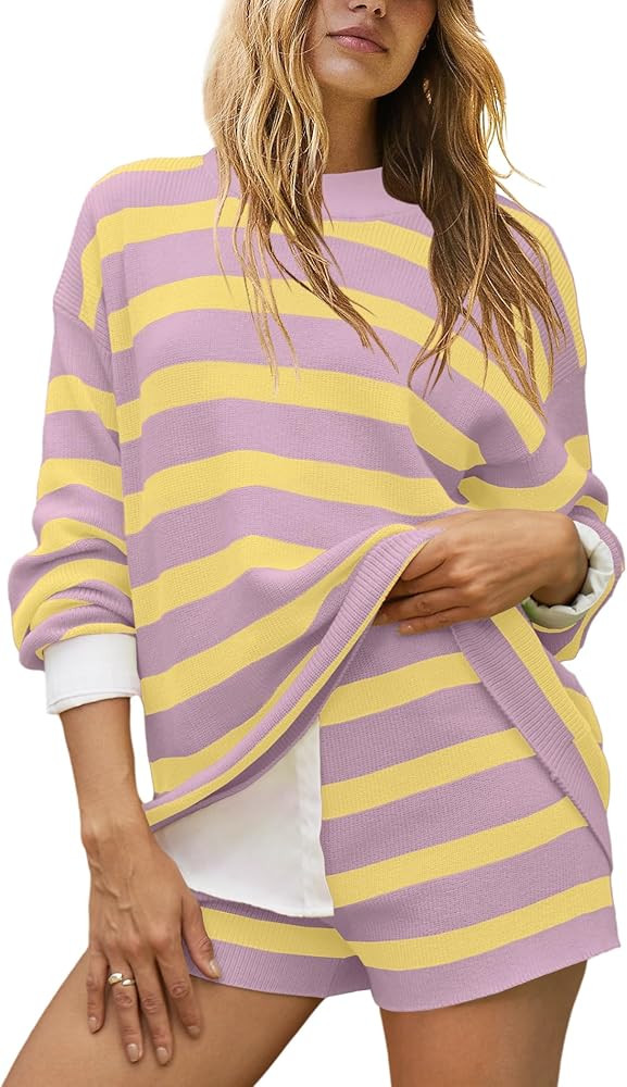 Yanekop Womens Striped Sweater Sets Tunic Matching Set Oversized Lounge Sets 2 Piece Long Sleeve ... | Amazon (US)