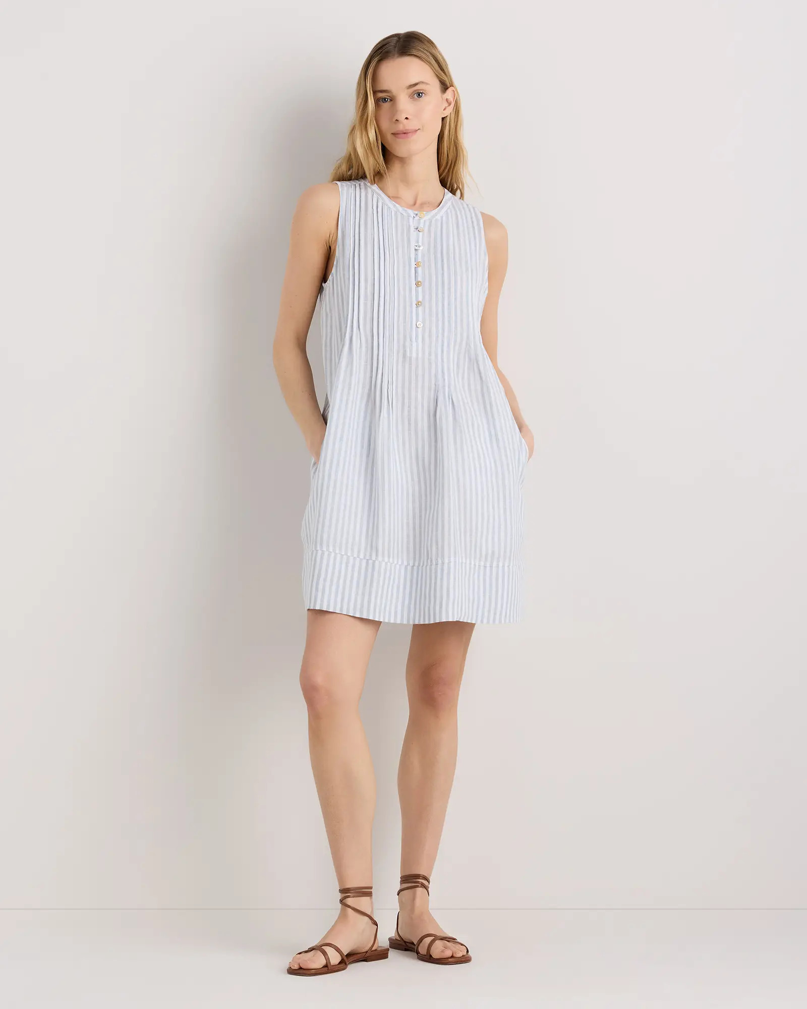 100% European Linen Sleeveless Swing Dress in Sky Blue Mariner Stripe | Quince