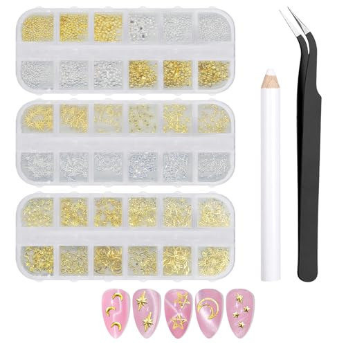 2500Pcs Gold Nail Charms, Gold and Silver Star Pearls Nail Gems Supplies Shiny Manicure with Pickup Pencil and Tweezer Cross Star Moon DIY Craft Supplies | Amazon (US)