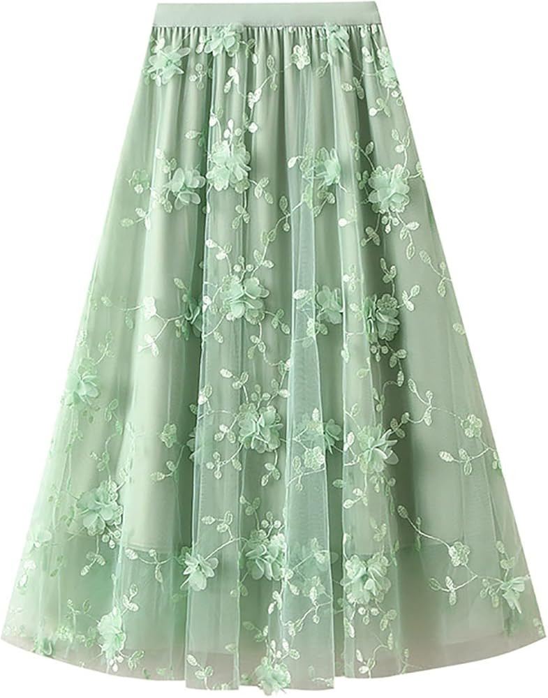 Women's Midi Tulle Skirts Floral Embroidery Layered Print Fairy Skirts Elastic Waist A-Line Mesh ... | Amazon (US)