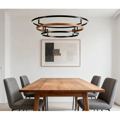 Modern 24 Inch LED Ring Chandelier With Remote Control, Wood Grain And Black Metal Farmhouse Pendant Light For Dining Room Kitchen Living Room Bedroom | Wayfair North America