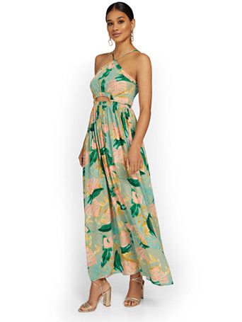Tropical-Print Cut-Out Halterneck Maxi Dress - In The Beginning - New York & Company | New York & Company