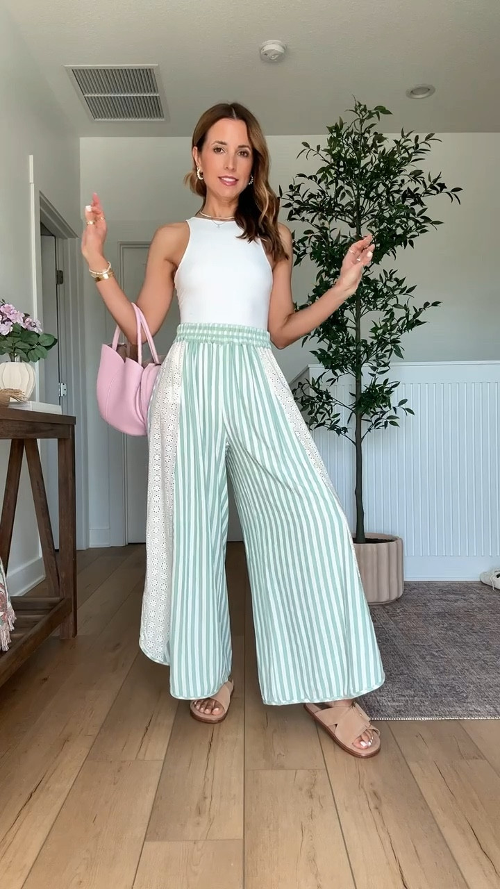 My spring outfit one day! Elevated casual outfit. Spring style. Summer outfit. Summer style. Beach pants. Vacation outfit. Love these striped crop pants from Amazon in XS! Seamless bodysuit in XS. Tulip bucket bag with removable crossbody strap and pouch for makeup inside! Buckle slide sandals are TTS and so comfy!


#LTKTravel #LTKootd #LTKPetite