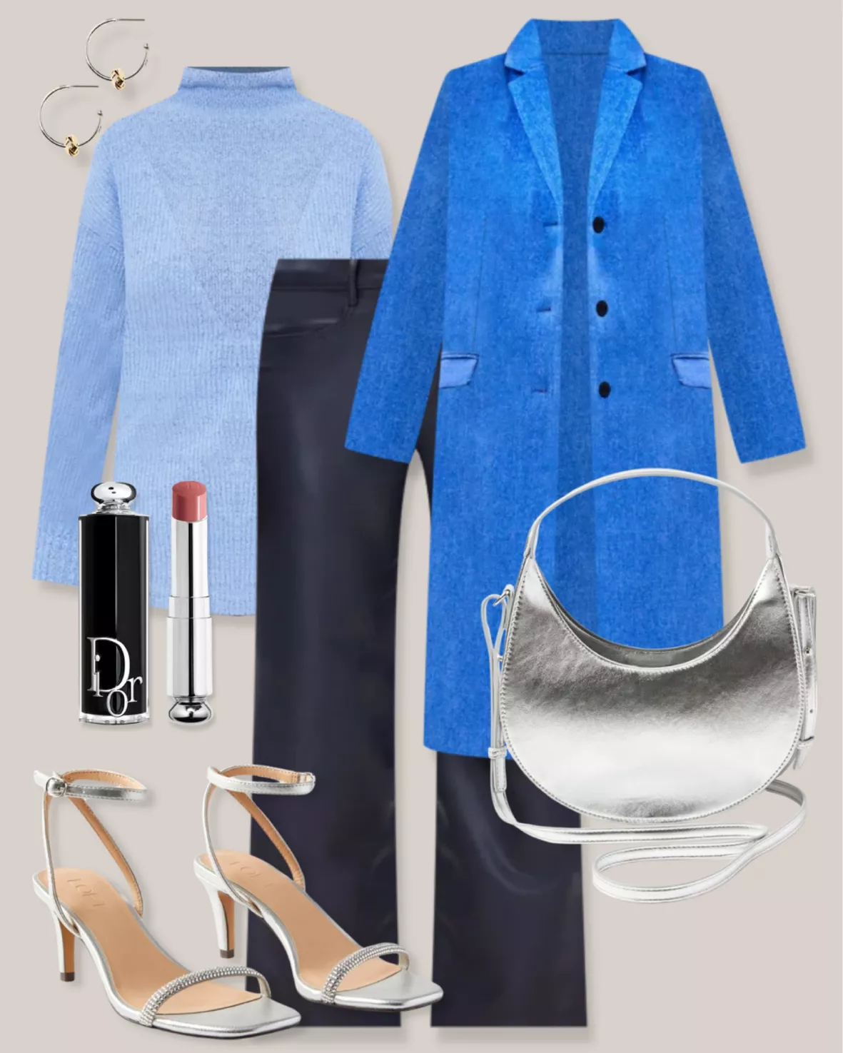Leather Pants with Light Blue Outerwear Outfits For Women In Their