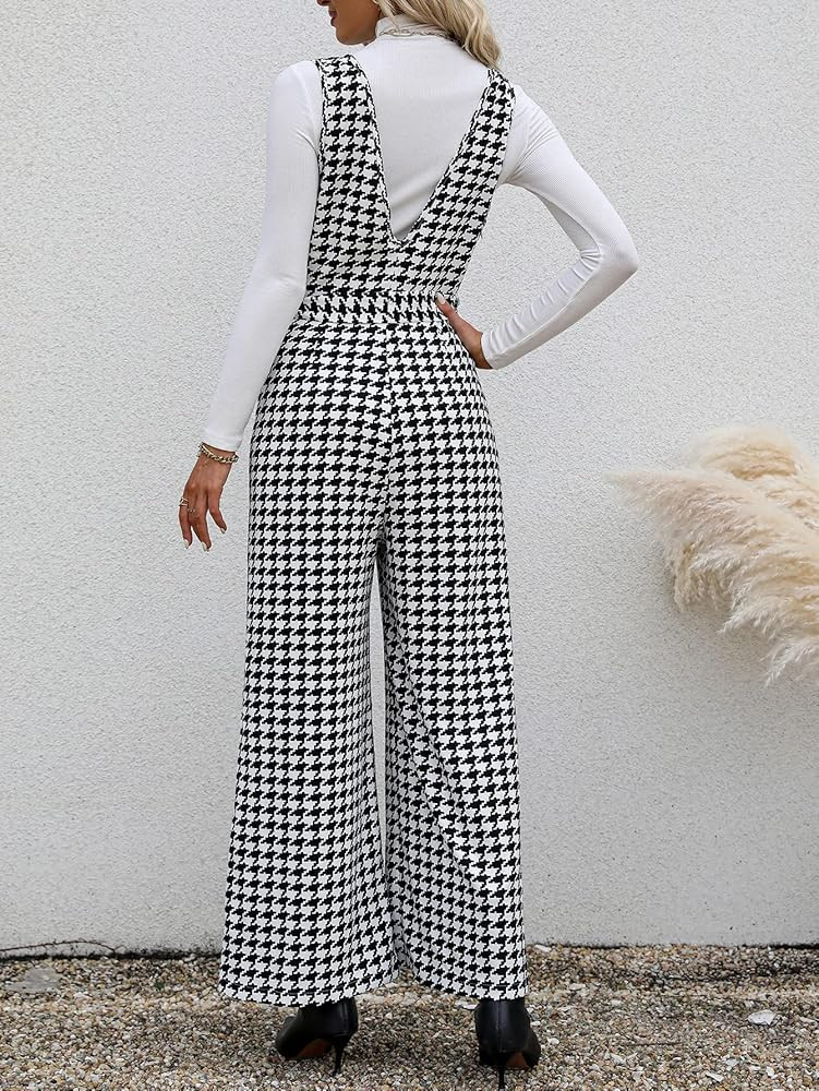 WDIRARA Women's Houndstooth Print Deep V Neck Sleeveless Wide Leg Belted Jumpsuit Overalls | Amazon (US)