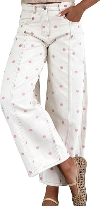 chouyatou Women's 2026 Polka Dot Pattern Barrel Jeans Boyfriend Y2K Casual Wide Leg Mid Rise Deni... | Amazon (US)