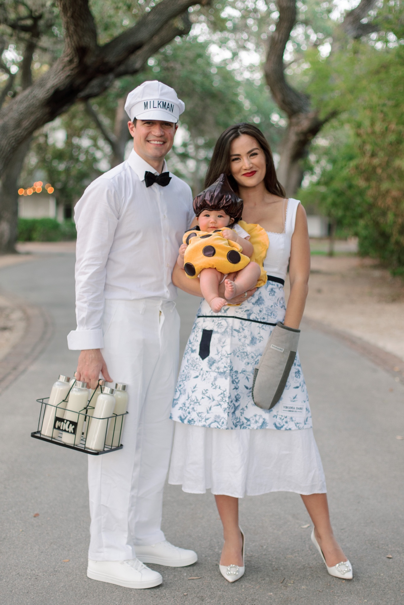 Family Halloween costume idea! Cookie costume, baker, and the milk man! Little baby girls is so cute in this light chocolate chip cookie outfit and chocolate chip hat - perfect for trick or treating 

#LTKbaby #LTKHalloween #LTKfamily