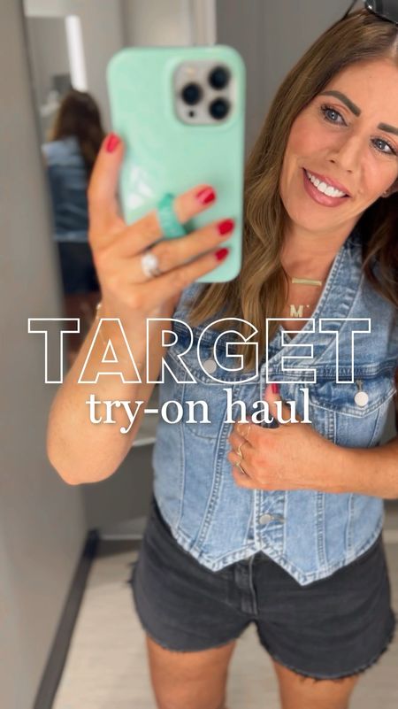 Target in store Tryon Hall

Denim vest is fitted and true to size. I love it by itself or open as a jacket. I’m wearing a medium

Black High-rise cut off shorts are super flattering and true to size. I’m wearing a size 8. I went up for more length.

Denim 90s baggy cut off shorts fit like Madewell and they’re true to size. I’m wearing my true size 6

Striped, open knit, quarter zip sweaters in black and orange with off white stripes. these sweaters are so comfortable. I sized up to a large. They remind me of varley 

And last but not least is this strapless bubble dress. it feels like linen. it’s so flattering. It has a smocked stretchy top and a bubbled tiered bottom . It’s super cute by itself, but I love it with this vest layered over it.

Birkenstock look for less sandals in this pretty cream with gold buckle . True to size and only $25.



#LTKfindsunder50 #LTKstyletip #LTKover40