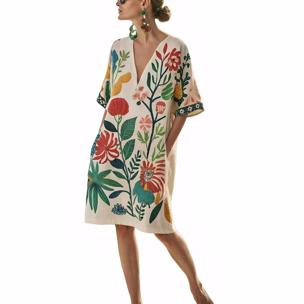 Womens Summer Mini Half Sleeve Dress Boho Floral Print V Neck Casual Beach Vacation Dresses with ... | Amazon (US)