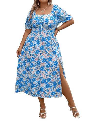 Floerns Women's Plus Size Floral Print Tie Front Square Neck Slit Hem Midi Dress Blue Flower 4XL | Amazon (US)