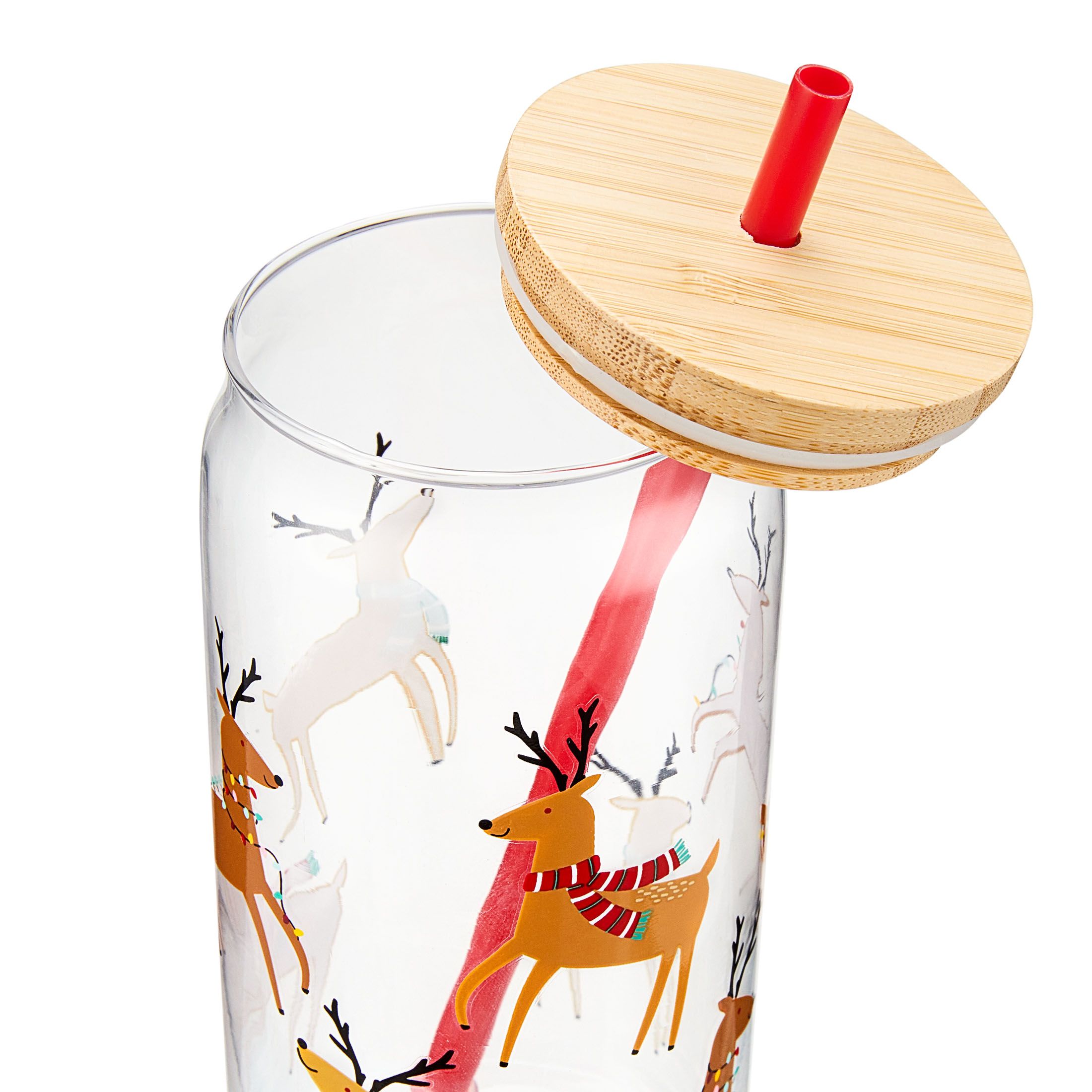 Holiday Time 20-Oz Glass Reindeer Can Glass with Lid & Straw | Walmart (US)