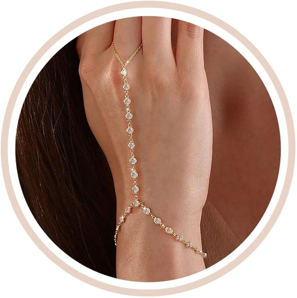 Amazon.com: Gold Hand Chain Bracelets for Women Trendy，Dainty Clover Pearl Charm Ring Bracelet ... | Amazon (US)
