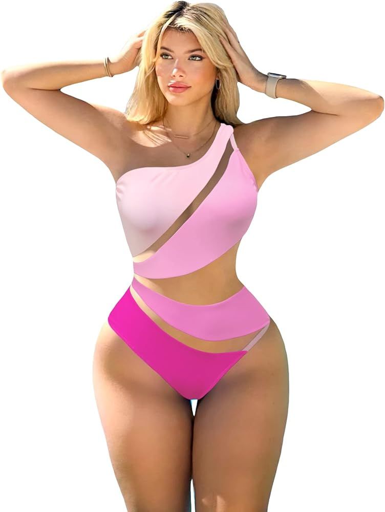 MakeMeChic Women's Color Block One Shoulder Mesh Insert One Piece Swimsuit Sexy Bathing Suit | Amazon (US)