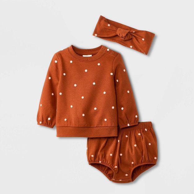 Baby Girls' Polka Dot Sweatshirt Top & Shorts Set with Headband - Cat & Jack™ Orange | Target