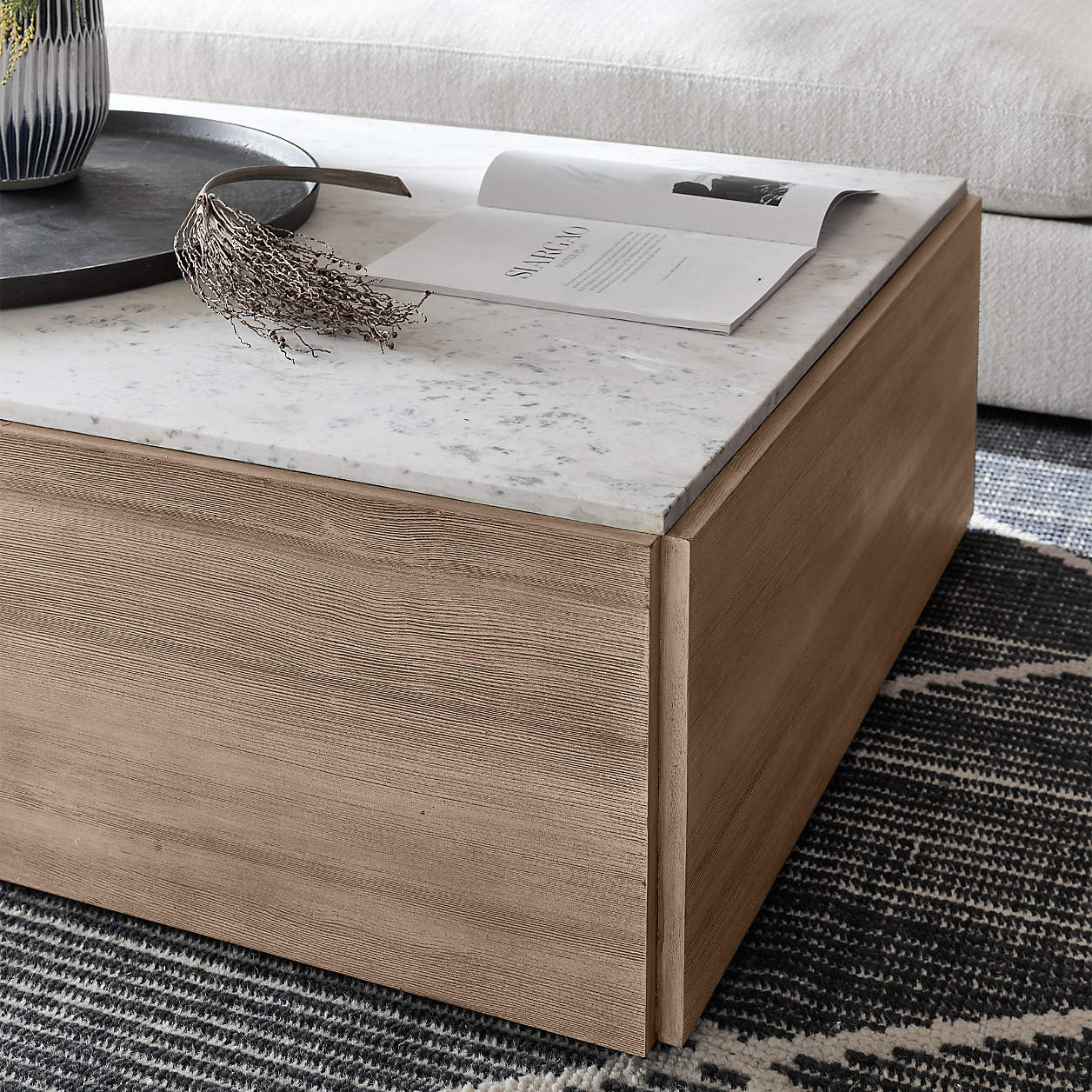Troupe Marble and Natural Pine Wood 44" Square Coffee Table + Reviews | Crate & Barrel | Crate & Barrel