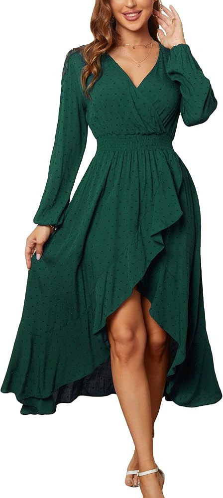 Kormei Women V Neck High Low Flowy Boho Dots Long Sleeve Party Long Maxi Dress | Amazon (US)