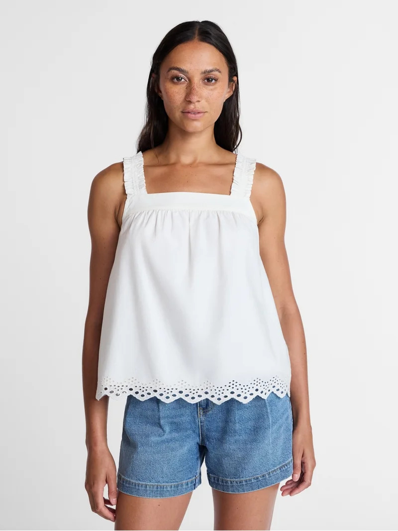 Time and Tru Women’s Eyelet Trim Cotton Tank Top, Sizes XS-XXXL | Walmart (US)