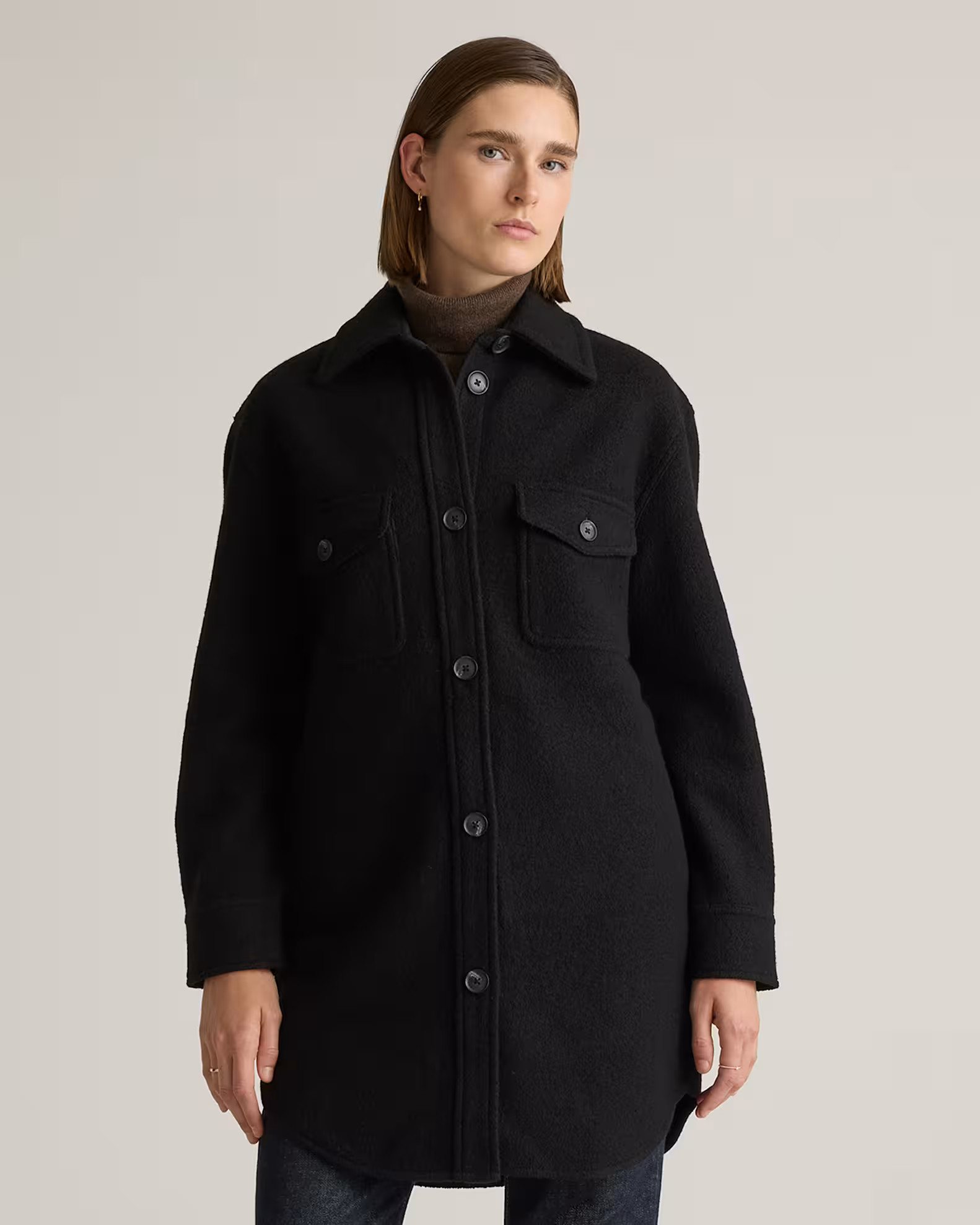 100% Merino Wool Long Shirt Jacket in Black | Quince