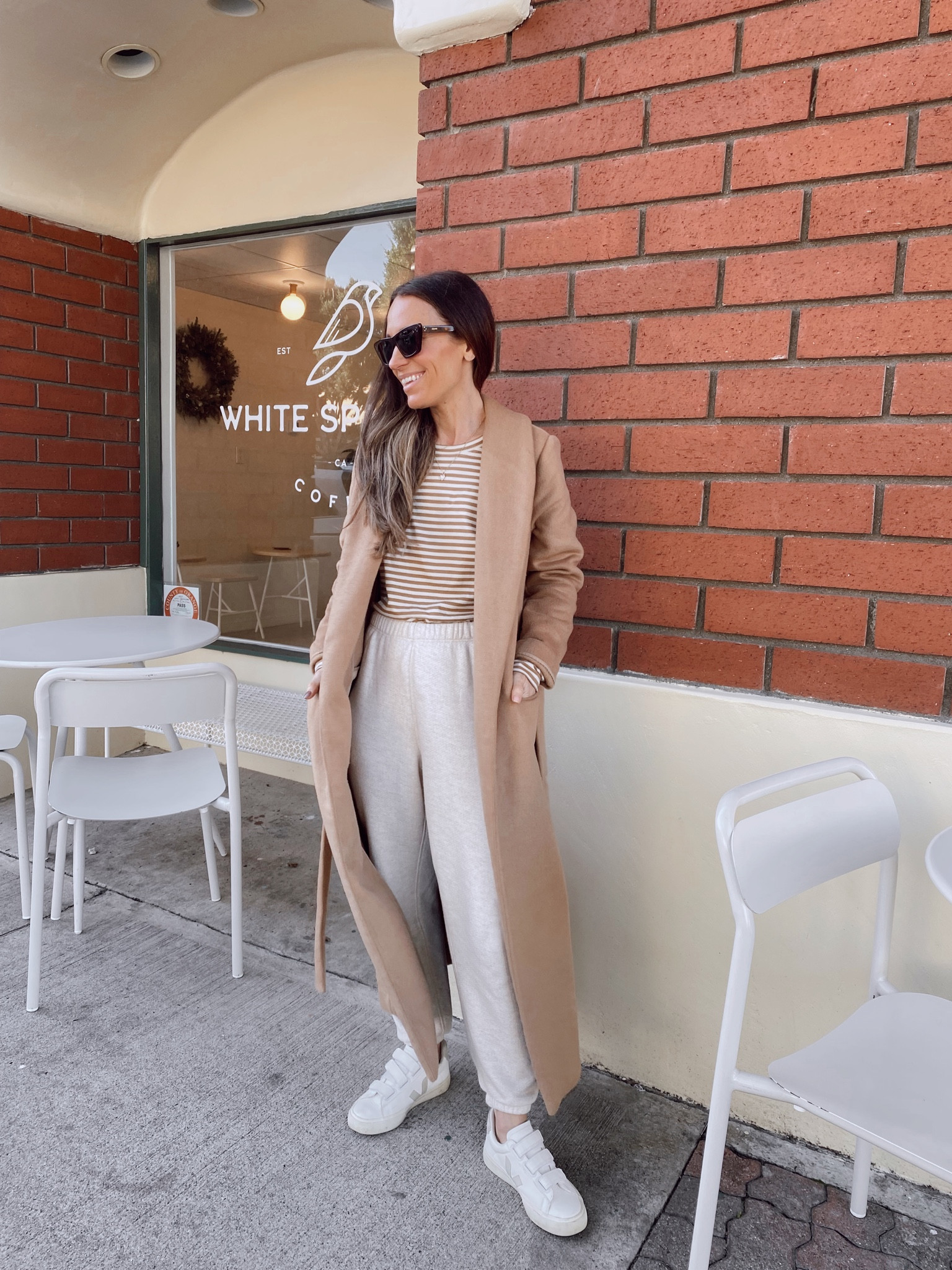 School drop outfit 
Striped top (Tts) 
Sweatpants (SHANNONP15 for 15% off) 
Camel coat (Tts) 
Veja Recife sneakers 

#LTKstyletip