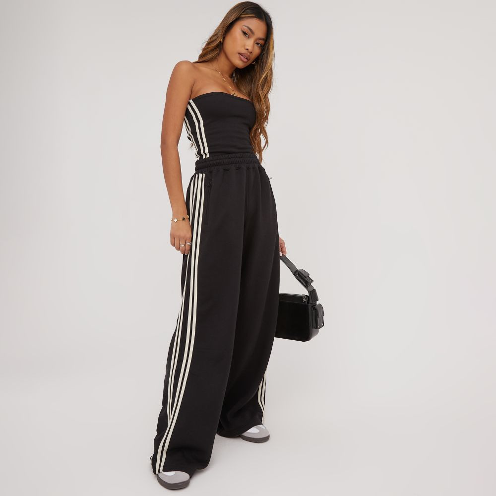 High Waist Contrast Stripe Detail Wide Leg Joggers In Black | EGO Shoes (US & Canada)