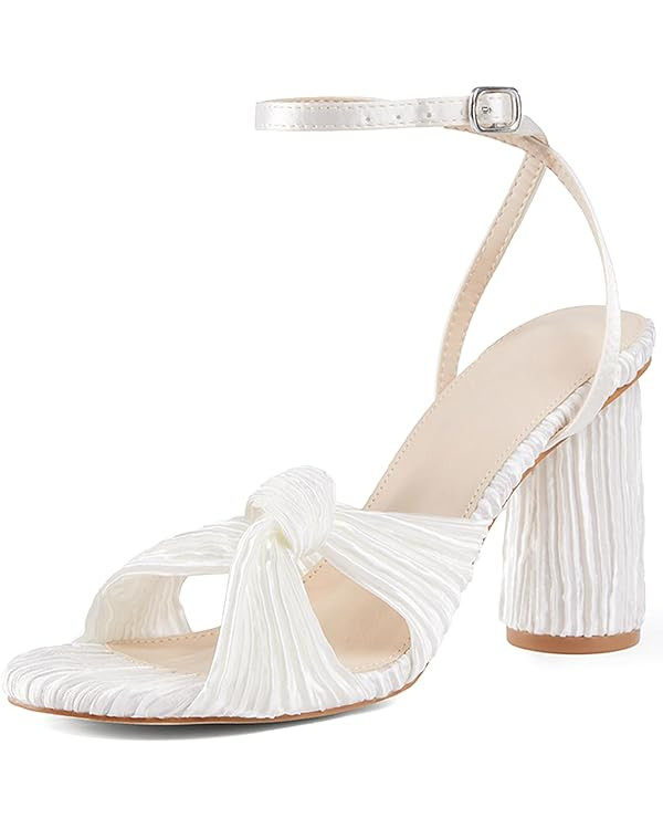 Jauoop Women's Pleated Bow Knot Heeled Sandals Open Toe Ankle Strap Block Chunky Heel Slides Brid... | Amazon (US)