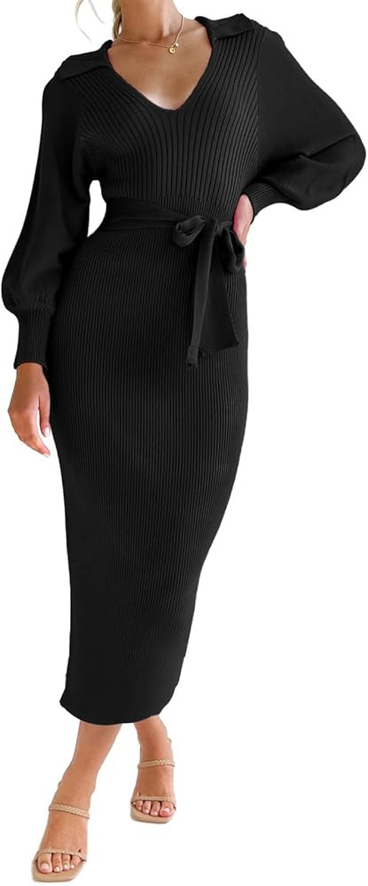 ARTFREE Women's Ribbed Sweater Wrap Dress Elegant Long Sleeve V Neck Knit Bodycon Maxi Dresses wi... | Amazon (US)