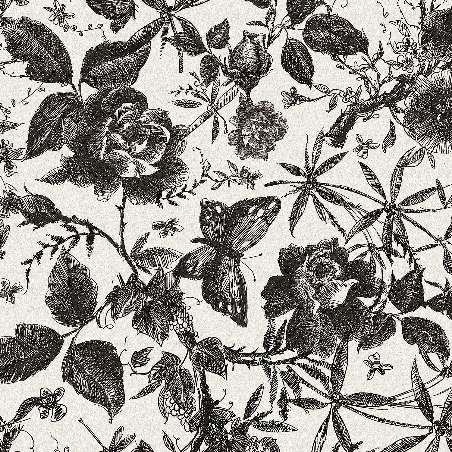 JiffDiff Floral Wallpaper Peel and Stick, Vintage Wallpaper Wall Stick Black Rose Removable Vinyl... | Amazon (US)