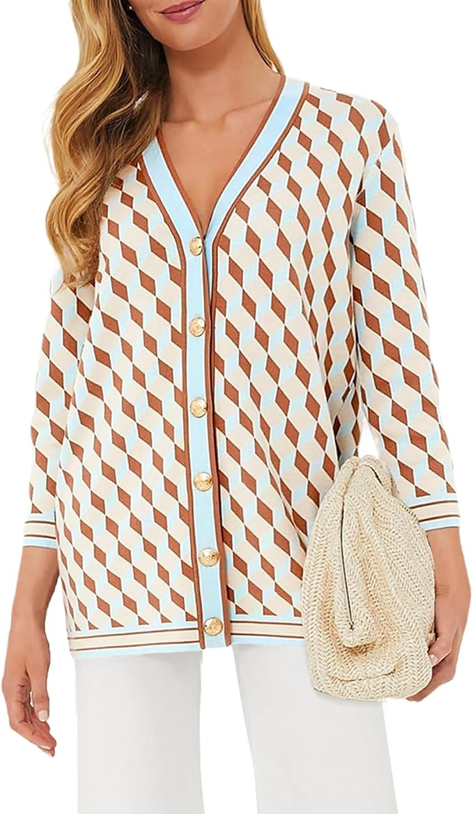Kedera Women's Open Front Cardigan Sweaters Fashion Button Down 3/4 Sleeve Plaid Sweaters Lightwe... | Amazon (US)