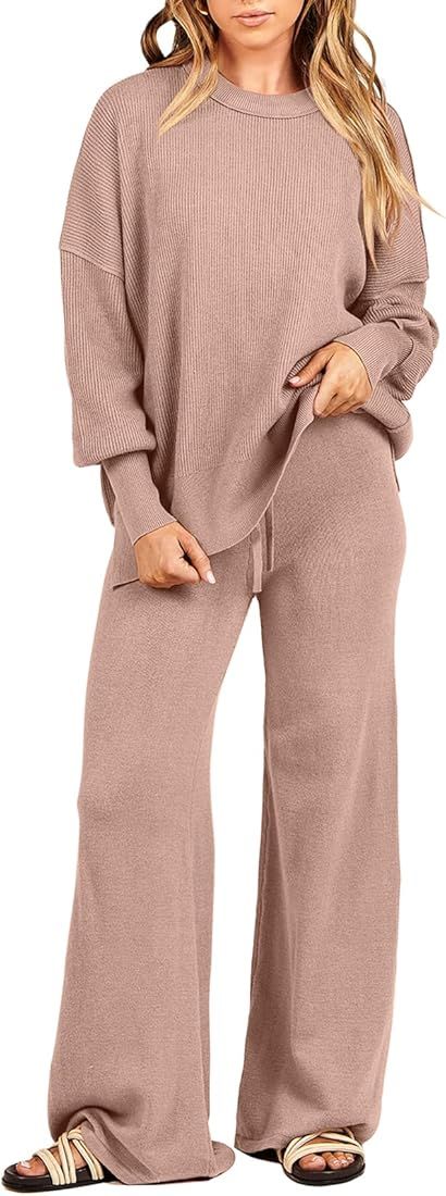 Women 2 Piece Outfits Sweatsuit Oversized Sweater Set & Wide Leg Pants Fall Chunky Lounge Set | Amazon (US)