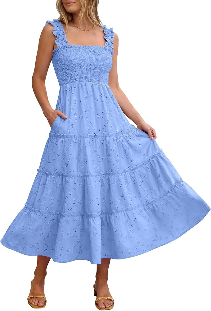 Caracilia Womens Summer Midi Dress Casual Square Neck Sleeveless Eyelet Smocked A Line Tiered 202... | Amazon (US)