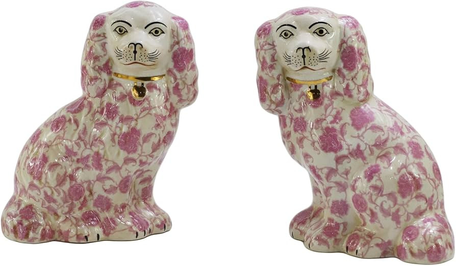 SYNWISH Hand Painted Pink Floral Spaniel Porcelain Dogs Figurines 9.4", Pair of Large Mantle Dogs... | Amazon (US)