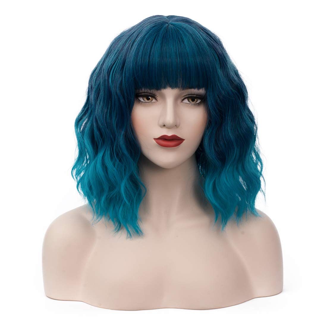 BUFASHION 14" Women Short Wavy Curly Wig Ombre Blue Bob Wig Cosplay Halloween Synthetic Wigs With... | Amazon (US)