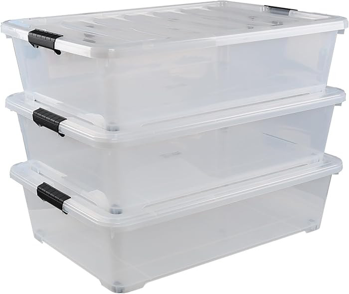 50 Quart Large Plastic Under Bed Storage Box, Clear Underbed Storage Containers with Wheels, 3 Pa... | Amazon (US)