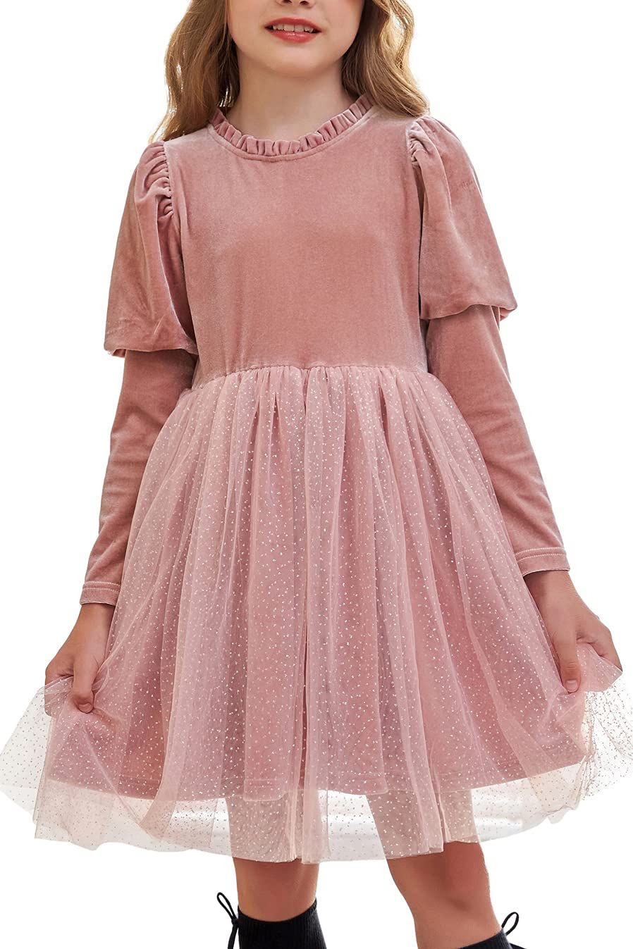 Girls Velvet Tulle Dress Ruffle Neck Lantern Sleeve Knee Length A-line Dress | Amazon (US)