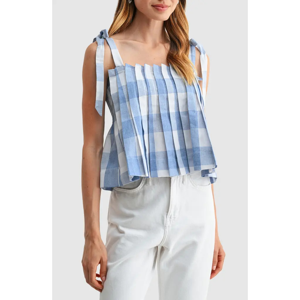 All in Favor Pleated Gingham Tie Strap Top in Blue Gingham at Nordstrom, Size Medium | Nordstrom