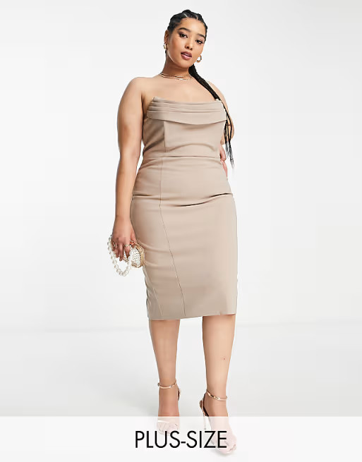 Lavish Alice Plus - Robe fourreau bustier mi-longue à encolure bénitier - Taupe | ASOS (Global)