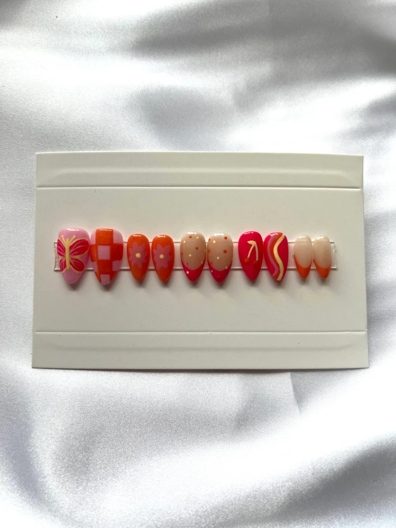 Luxury Hand Painted Press on Nails Butterfly Groovy - Etsy | Etsy (US)
