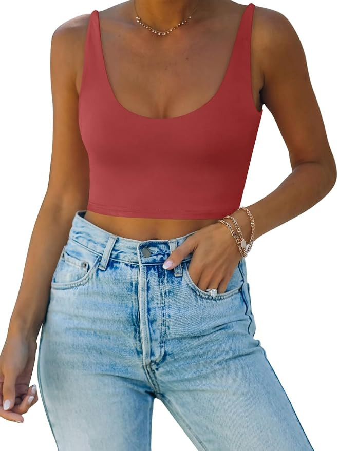 REORIA Butsmooth® Women's Basic Sexy Deep Scoop Neck Double Lined Seamless Sleeveless Cropped Ca... | Amazon (US)