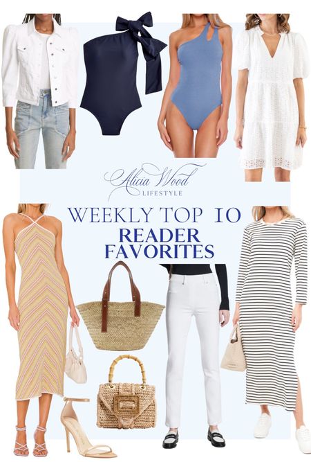 Top 10 Weekly Reader Favorites 

Poolside beach tote Mini handwoven bag White jeans Black and white striped long sleeve maxi dress Tan Stuart Weitzman ankle strap sandals Pink and yellow striped maxi dress Blue asymmetrical cut out one piece swimsuit White short sleeve dress White denim jacket Dark blue one shoulder one piece swimsuit with bow detail

#LTKstyletip #LTKswim #LTKFind